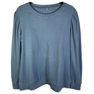 Dusty Blue Puff Sleeve Sweatshirt V-Stitch Crew Neck Top Womens Large